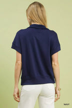 Umgee Blouse Navy Striped Collared Neck Half-Zip Top Short Sleeve ed16eb15-4d21-4618-ab7b-bba488222126-Max-Origin Trendsi