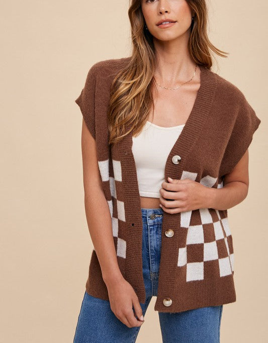 Women's Cardigan Dark Brown Annie Wear Checkered Button Down Short Sleeve Dark Brown ed1fa97c-66d7-48ed-842a-60cedd06dc83-Max Trendsi