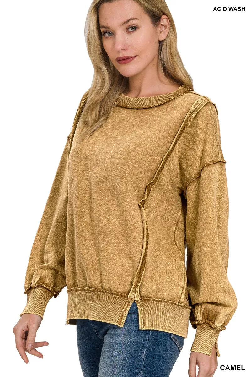 Zenana Womens Sweatshirt Camel Acid Wash French Terry Exposed-Seam ed2d2038c7384db9a6a94f6bf499b960-Max-Origin Trendsi