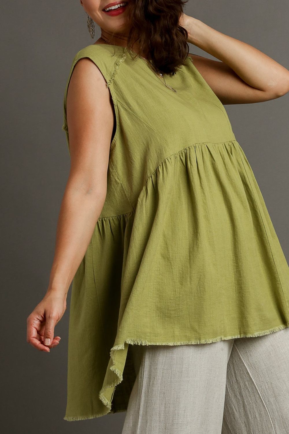 Umgee Linen Top Raw Hem Round Neck Sleeveless Yellow-Green Blouse ed2e491c-d9be-4398-84b9-0f8f225f510c-Max Trendsi