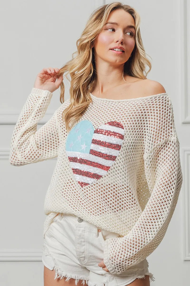 BiBi Knit Top Sequin American Flag Heart Up Embroidered Long Sleeve ed3e9cda3204490bb87d8a6404bad5d4-Max-Origin Trendsi