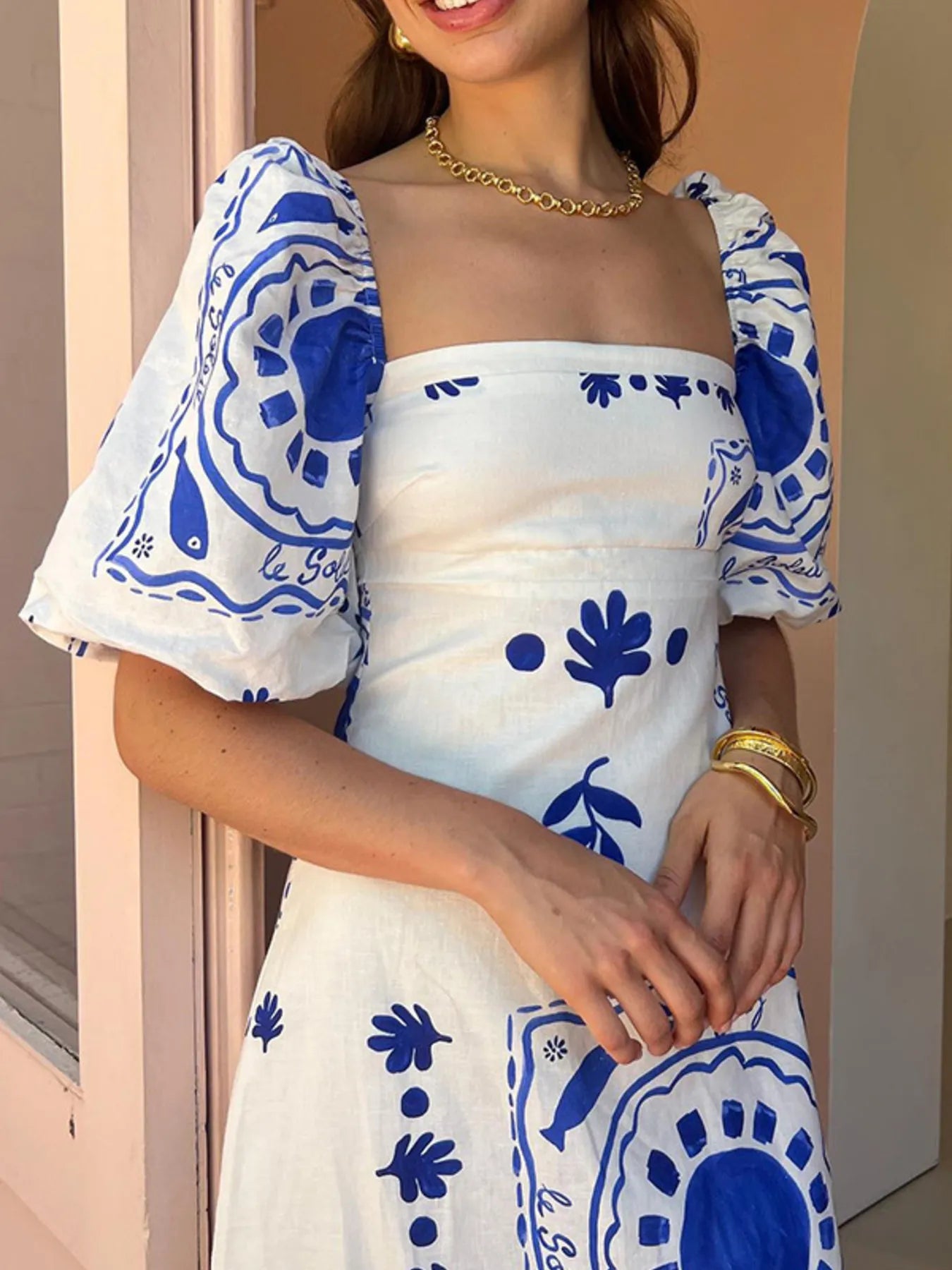 Maxi Dress Floral Square Neck Puff Short Sleeve with Ruffle Hem ed404b976f0a4547856634cf57736344-Max-Origin Trendsi