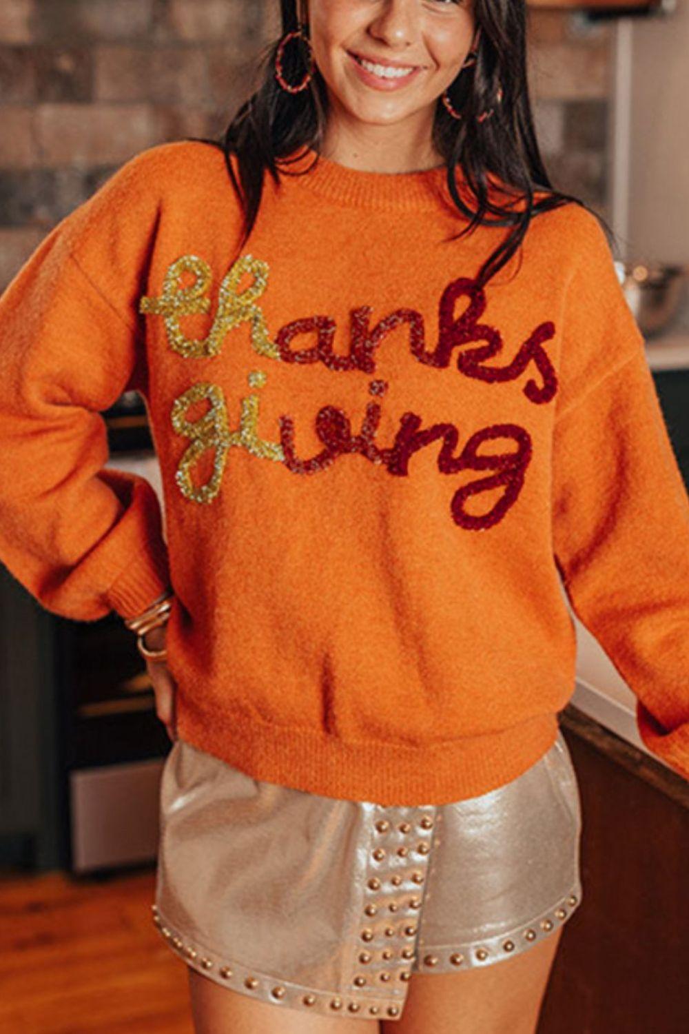 THANKSGIVING Women Sweater Round Neck Long Sleeve Orange Pullover Orange ed48a5fd-2148-4f5d-927b-12333f55b493-Max Trendsi