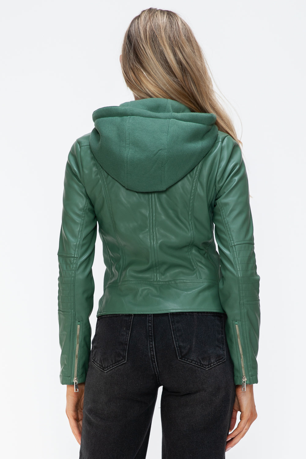 Snobbish Faux Leather Women Jacket Zip Hooded Pocketed Green Basic