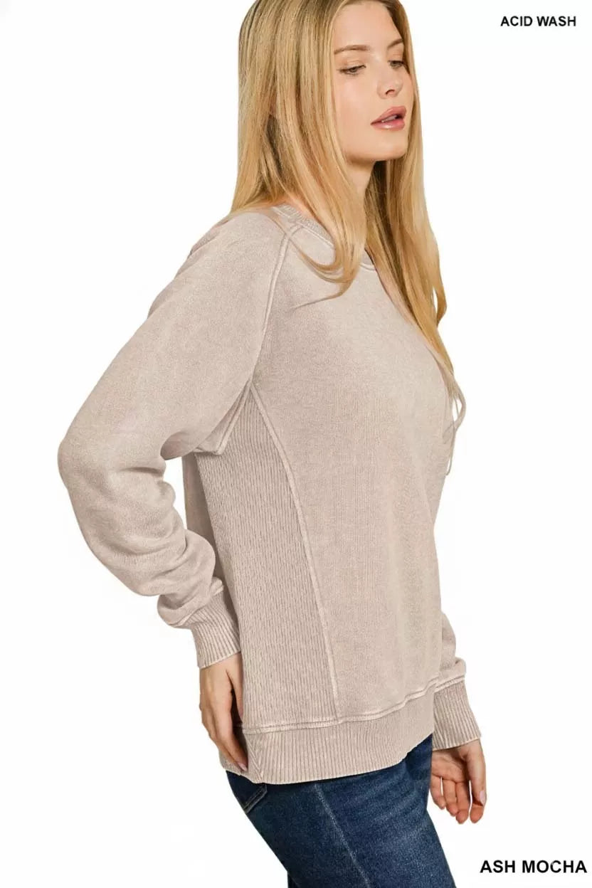 Zenana Womens Fleece Sweatshirt Ash Mocha Acid Washed with Side Rib ed495db6-a075-4b24-bc88-6ac790f22bc5-Max-Origin Trendsi