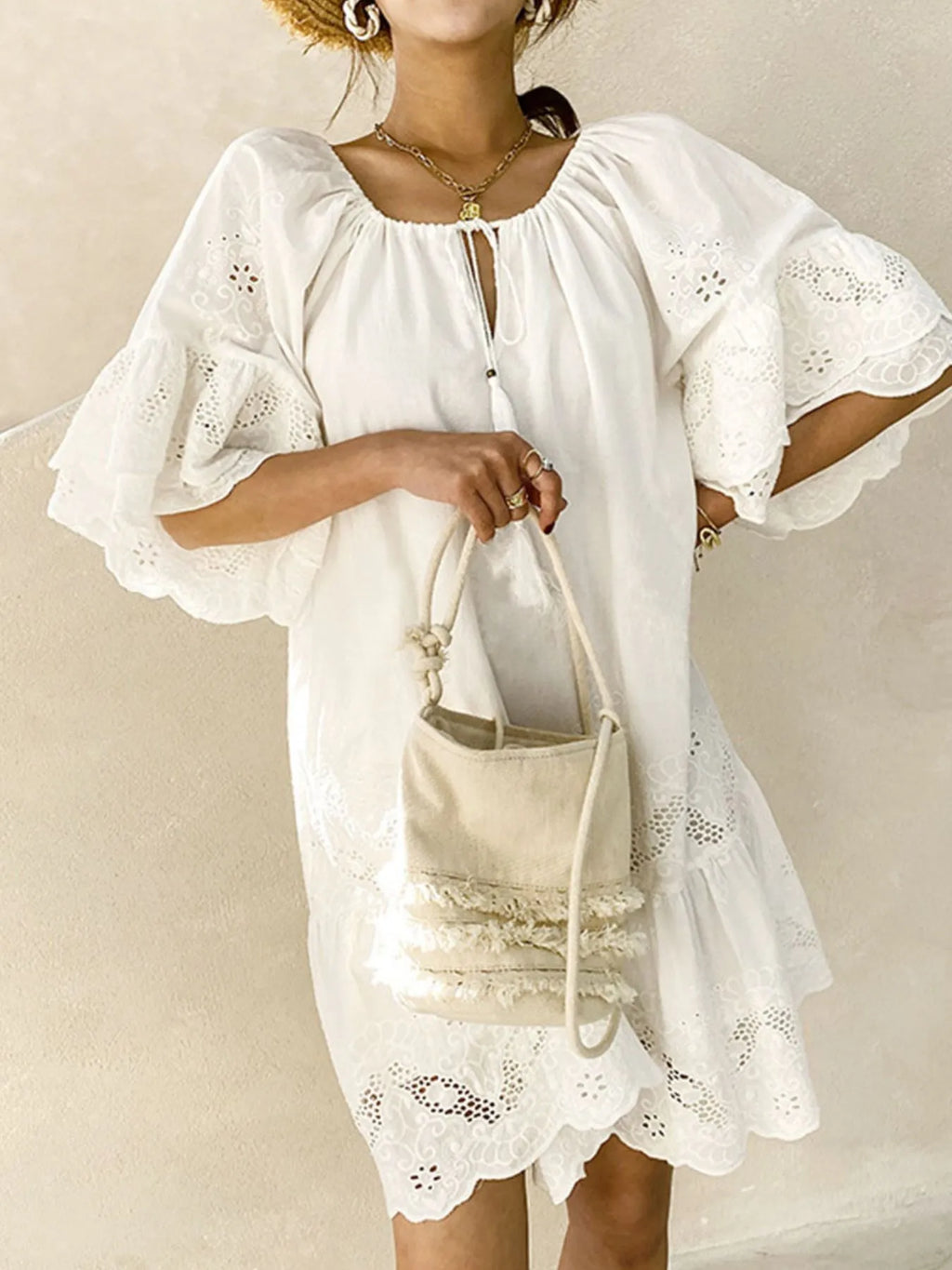 Mini Dress White Crochet Eyelet Embroidered Tassel Tie Neck Short Sleeve ed4cd8d5-be03-459a-a3a5-d195fdd43e29-Max-Origin Trendsi