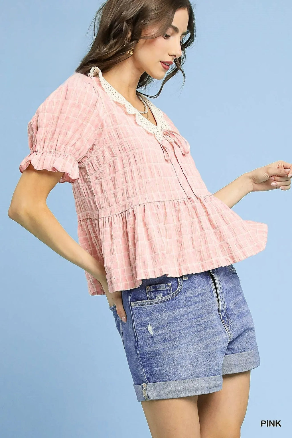 Umgee Blouse Pink Ruffled Short Sleeve Gingham Lace Peplum Smocked Top ed5fdf73-100a-4ed2-ab9b-006c0434dc75-Max-Origin Trendsi