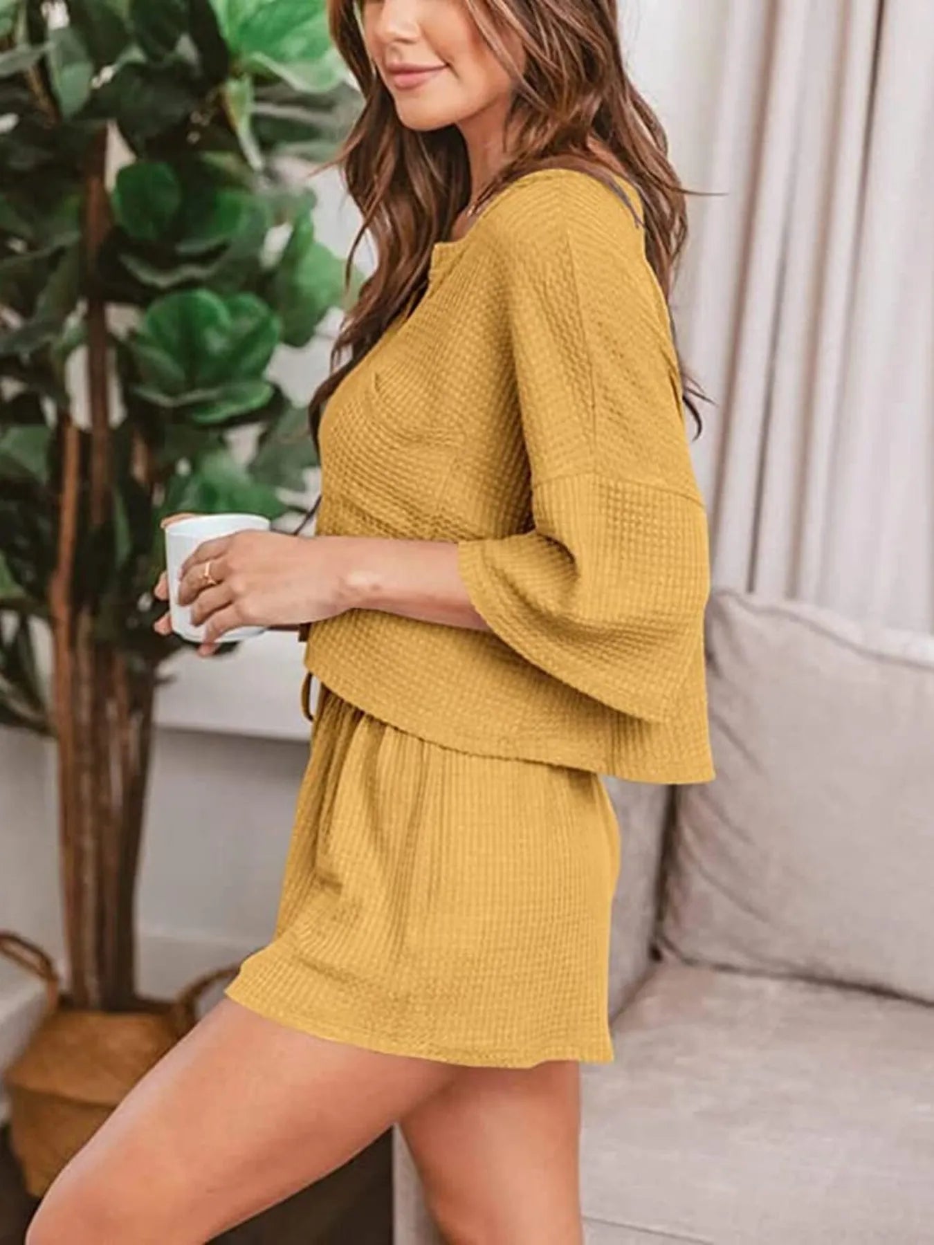 Women's Lounge Set Waffle Knit Top Short Sleeve and Shorts Pocketed Yellow ed641e2d56d44c8ab514fb99c8e048b4-Max-Origin Trendsi