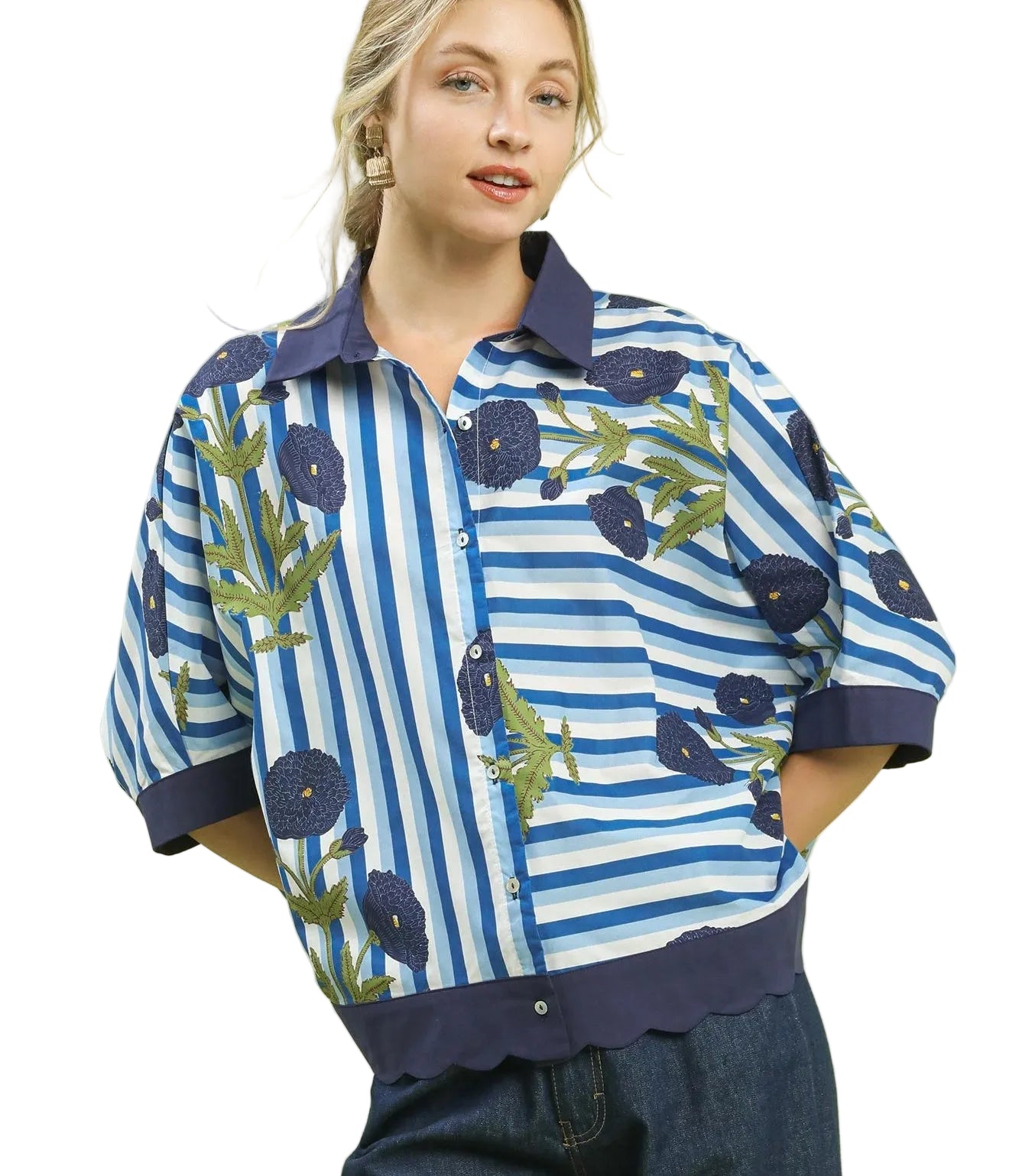 Umgee Mixed Floral and Stripe Button-Down Shirt