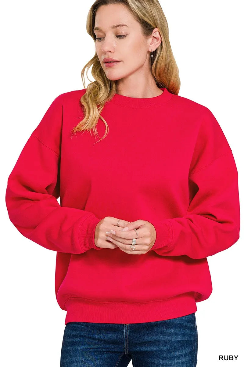 Zenana Fleece Sweatshirt Ruby Red Crewneck Long Sleeve Oversized Top RUBY ed7be8f77f3d418bad7b24a382e8d8b8-Max-Origin Trendsi