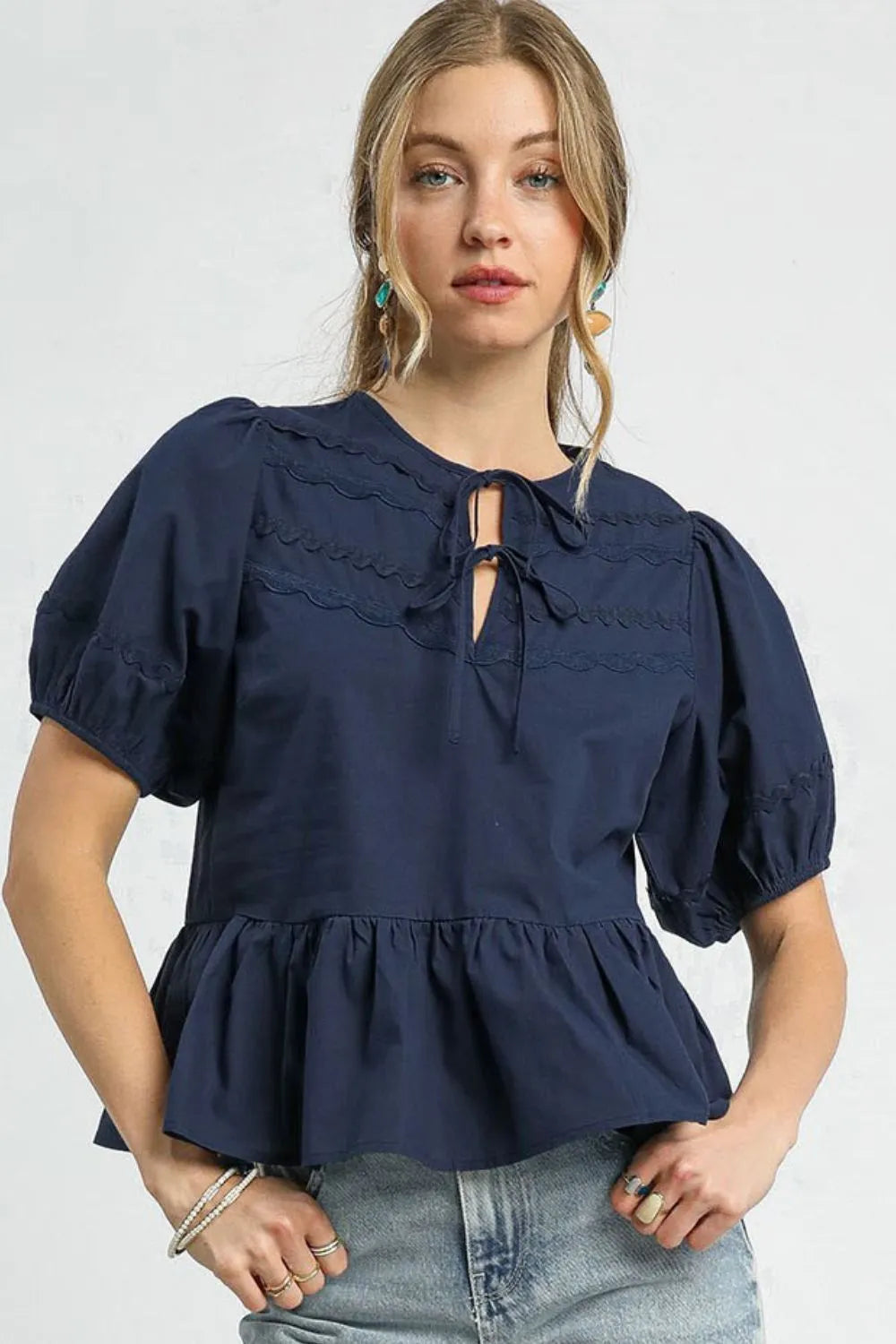 Umgee Cotton Blouse Dark Navy Ruffled Tie Front Puff Short Sleeve Top Dark Navy ed7d31f5-1a49-42c1-9607-a33ba64420ee-Max-Origin Trendsi