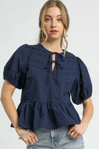 Umgee Cotton Blouse Dark Navy Ruffled Tie Front Puff Short Sleeve Top Dark Navy ed7d31f5-1a49-42c1-9607-a33ba64420ee-Max-Origin Trendsi