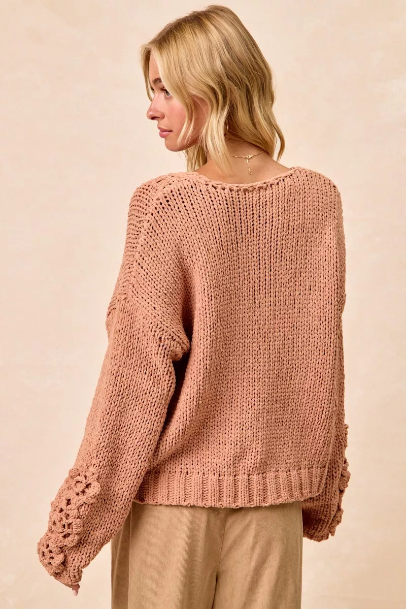 BiBi Womens Sweater Chunky Knit with Flower Detail Sleeves Peach ed7f0229f6084ec0ae266971661cbd6f-Max-Origin Trendsi