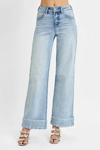 RISEN Women's Jeans Light Wash Tummy Control High Rise Ankle Wide Cuffed ed832e4a-46ea-465e-a91f-2e705dd84677-Max-Origin Trendsi
