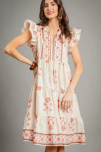 Umgee Mini Dress Floral Coral Printed Tie Neck Ruffle Cap Sleeve ed85c527-0f64-498f-b580-affe372a3cda-Max-Origin Trendsi