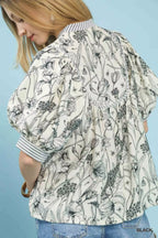 Umgee Blouse Black Floral Mixed Print Puff Short Sleeve Split Neck Top ed8fa4de-80da-4153-aa0d-82b525ab1eb4-Max-Origin Trendsi