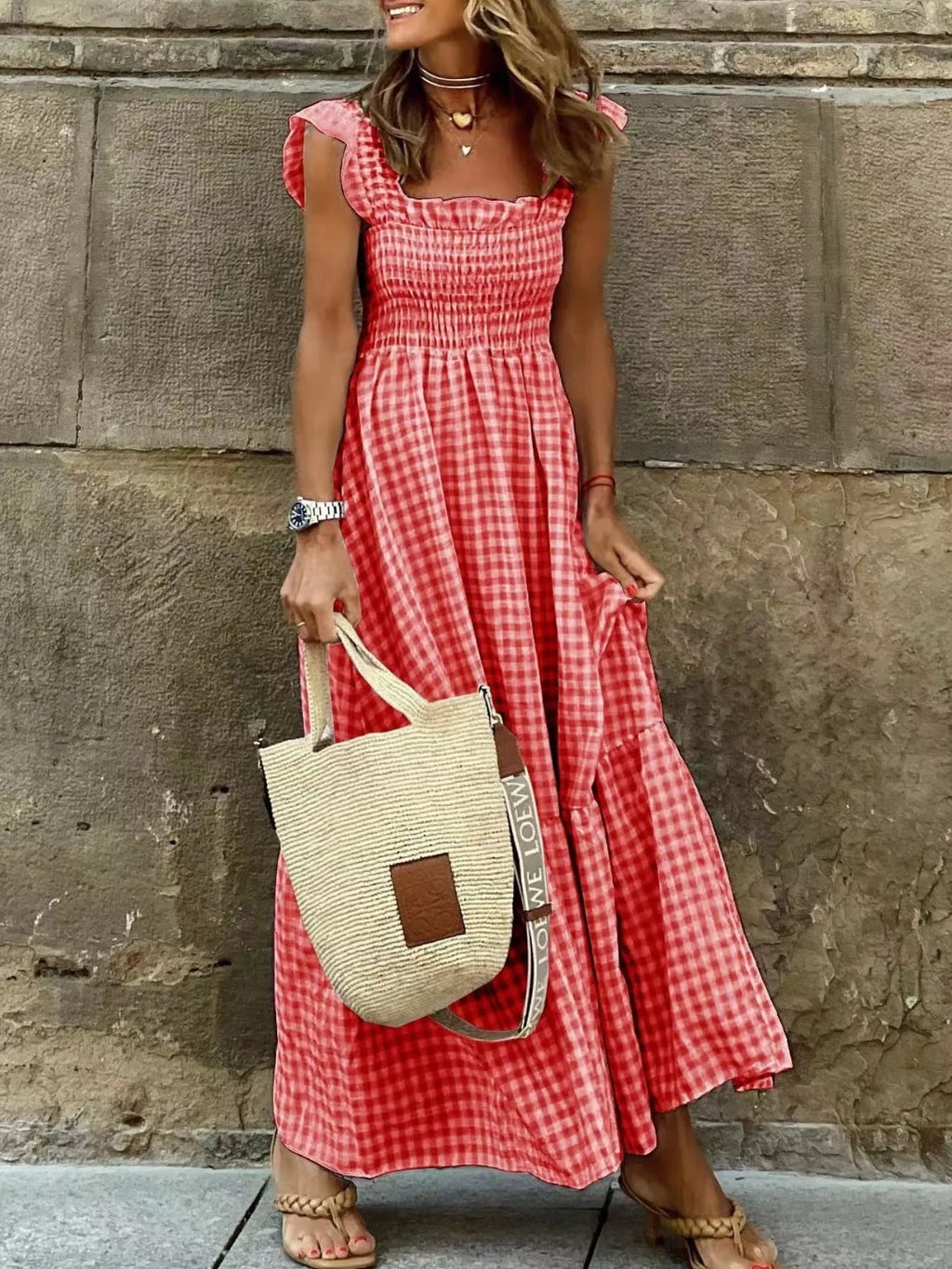 Maxi Dress Plaid Gingham Smocked High Waist with Ruffle Straps Square Neck Red ed9020884c364e51ba1b36a04995aeb8-Max-Origin Trendsi