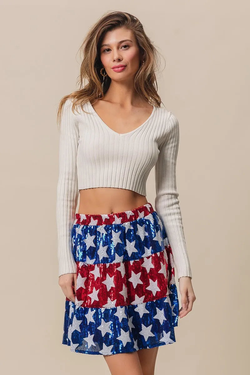 BiBi Sequin Skirt American Flag Theme Star Tiered Short Layered ed928283793c4262a441ca3edb512cf0-Max-Origin Trendsi