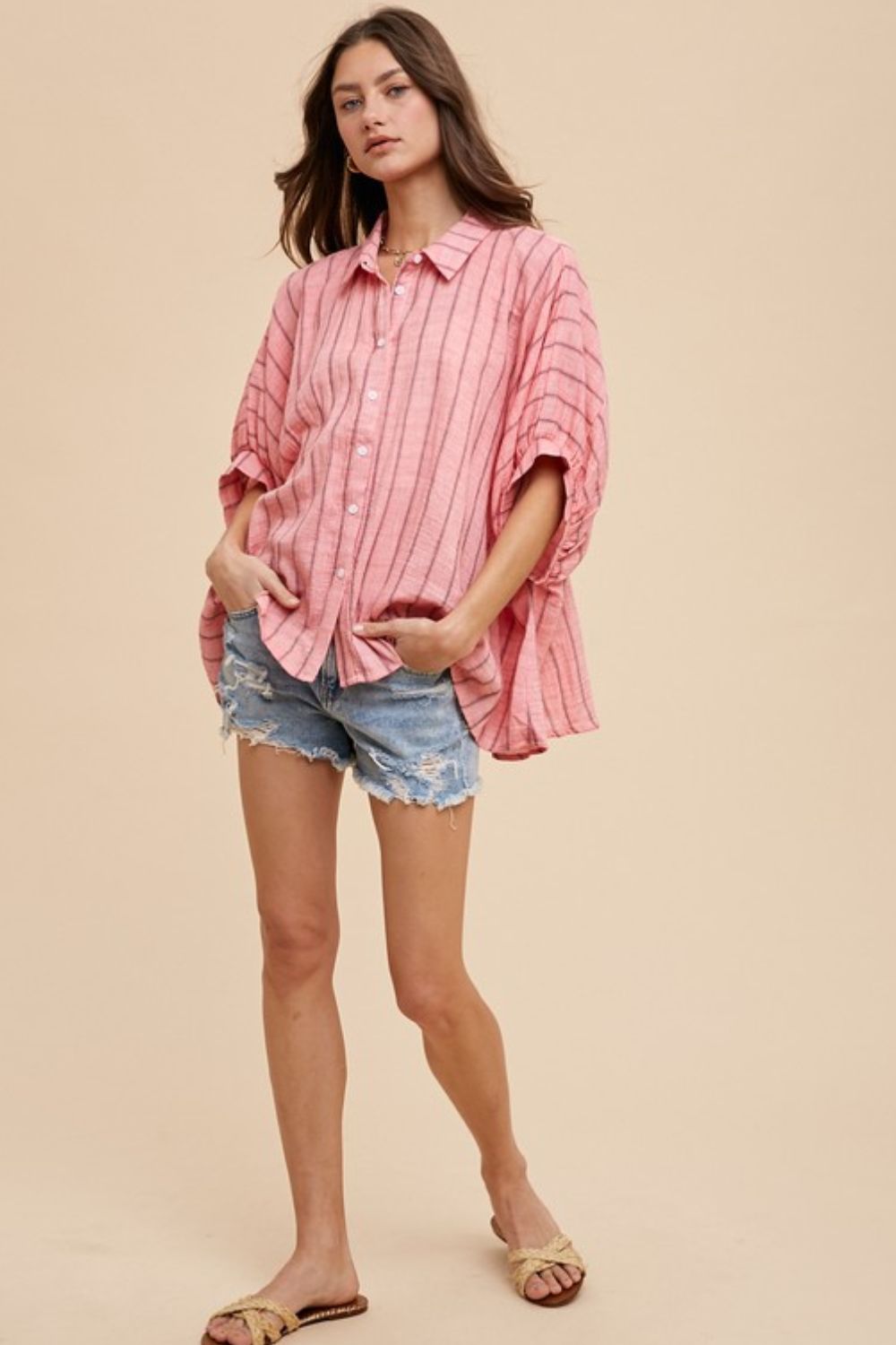 Women's Coral Pink Striped Cotton Button-Up Shirt Half Sleeve Top ed93eb16-d01f-4bf2-b646-199353150f06-Max Trendsi