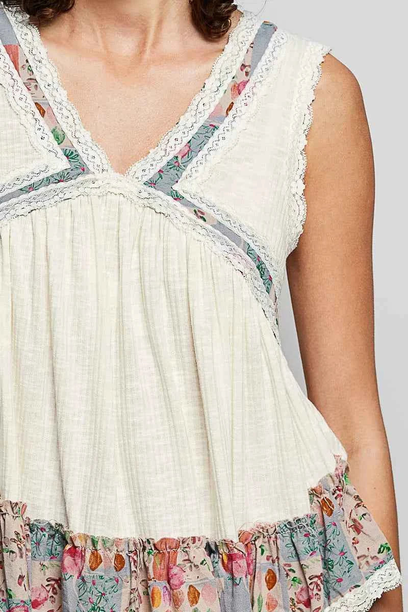 POL Lace Detail Ruffled Ribbed Sleeveless Top with Floral Pattern Trim Detail