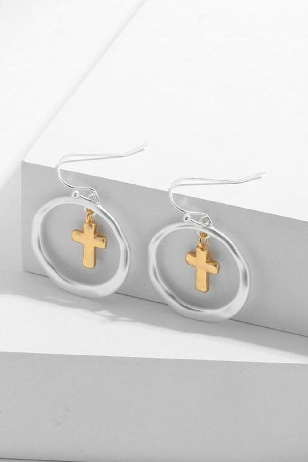 Cross Dangle Earrings Silver Brass Contrast Gold-plated Round Women Jewelry