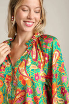 Umgee Satin Button-Up Shirt Green Paisley Ruffle Neck Long Sleeve Top ed9d4647-5e86-438f-8d3f-0015d4248fcd-Max-Origin Trendsi