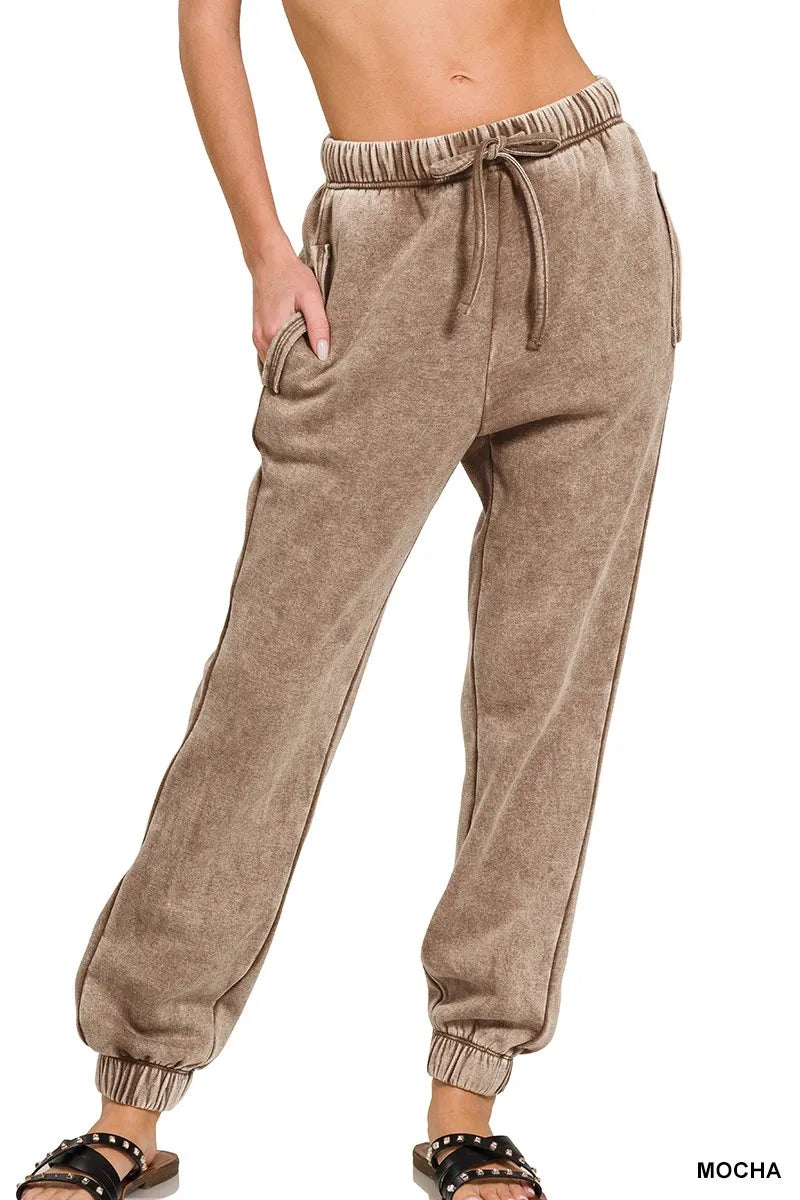 Zenana Womens Fleece Sweatpants Mocha Brown Acid Wash with Pockets