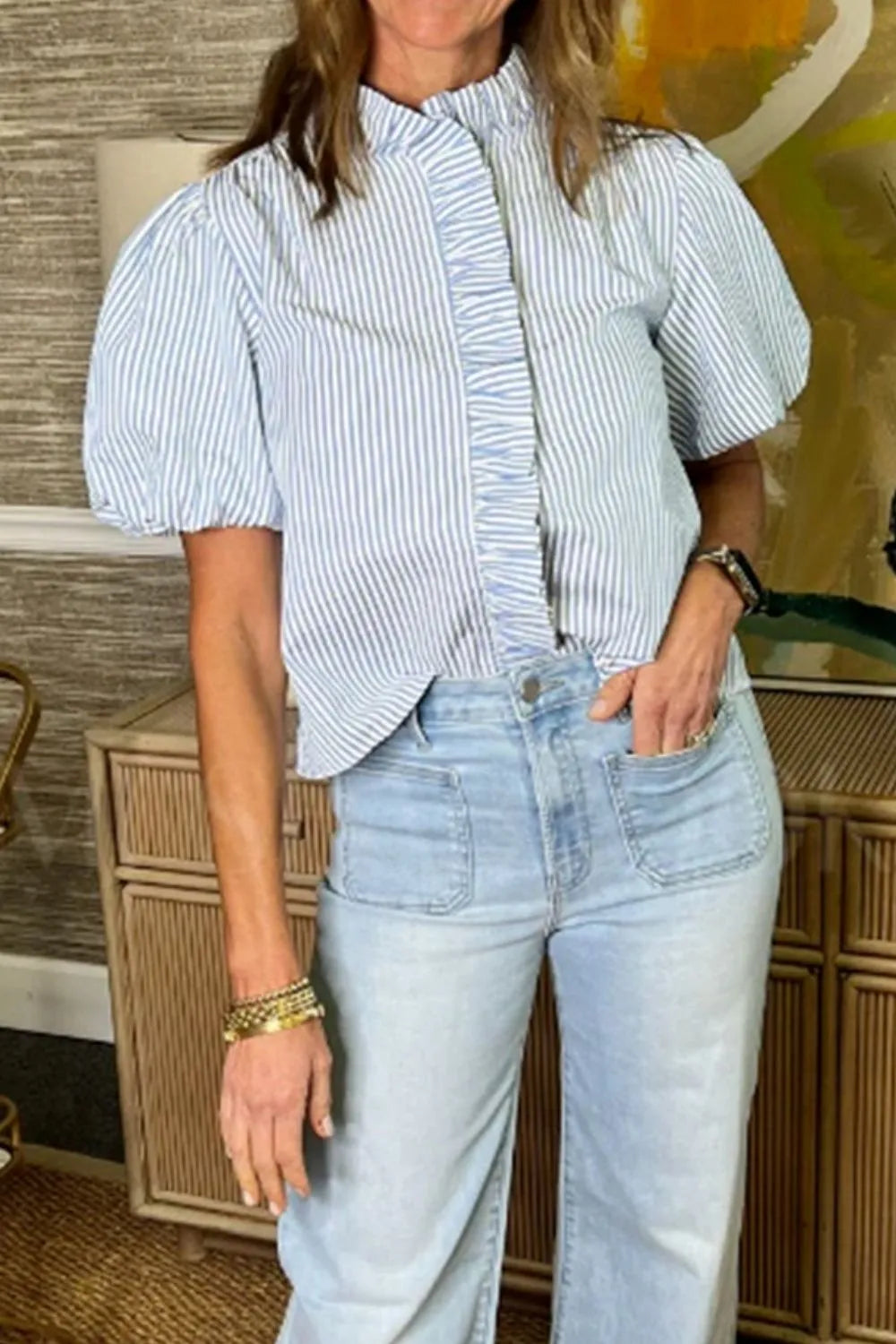 Women's Shirt Striped Ruffle Short Bubble Sleeve Mock Neck eda4a0f5-2b6c-4f68-87e4-dd515b4233ac-Max-Origin Trendsi