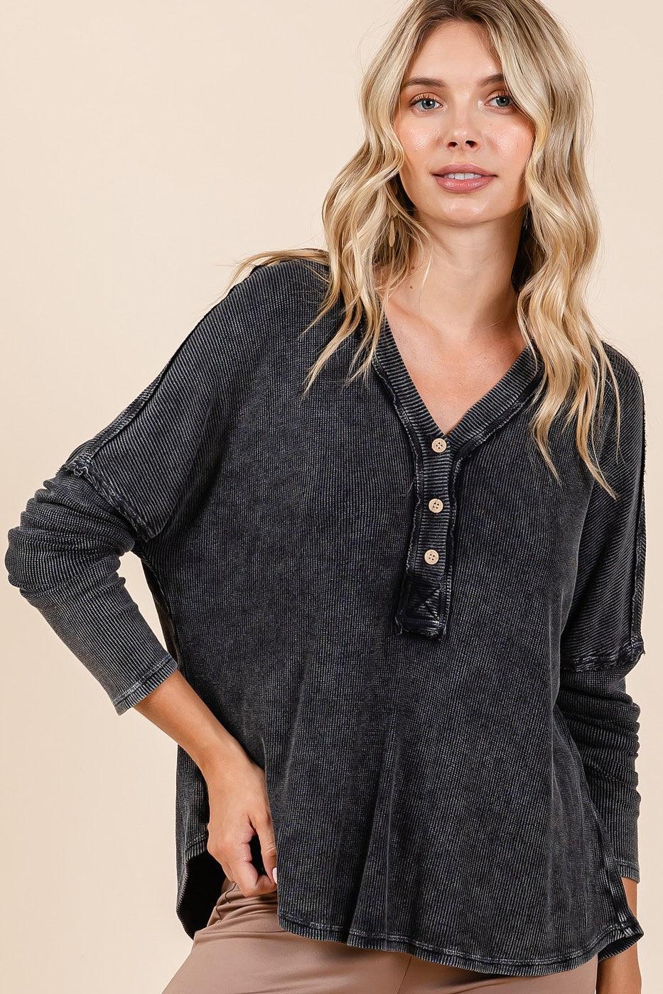 Mittoshop Blouse 100% Cotton Black Washed V-Neck Long Sleeve Charcoal edaf032b-3c3f-481c-bb1a-a6235799e2f2-Max Trendsi