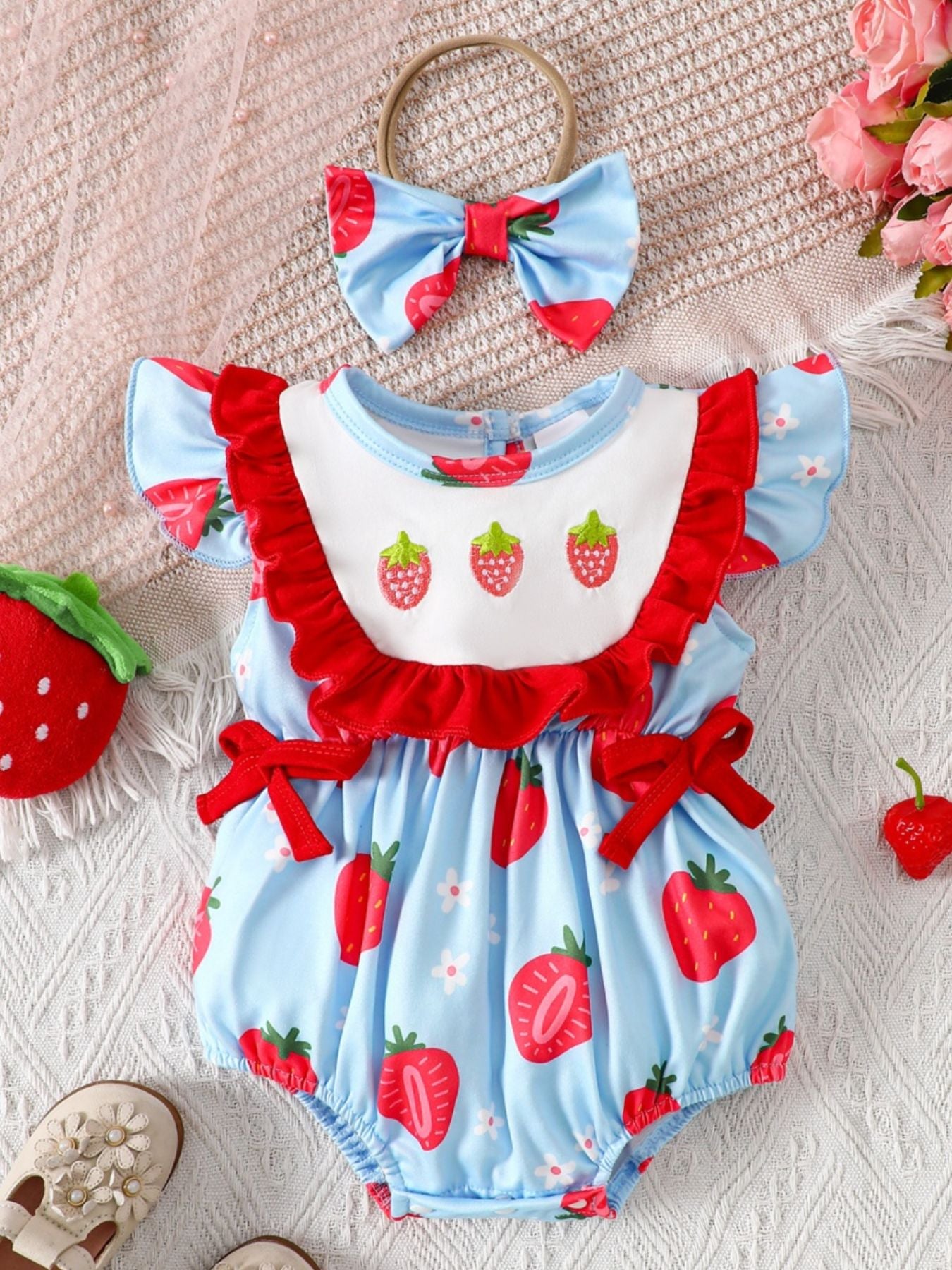 Children's Printed One-Piece with Ruffle Trim and Matching Headband