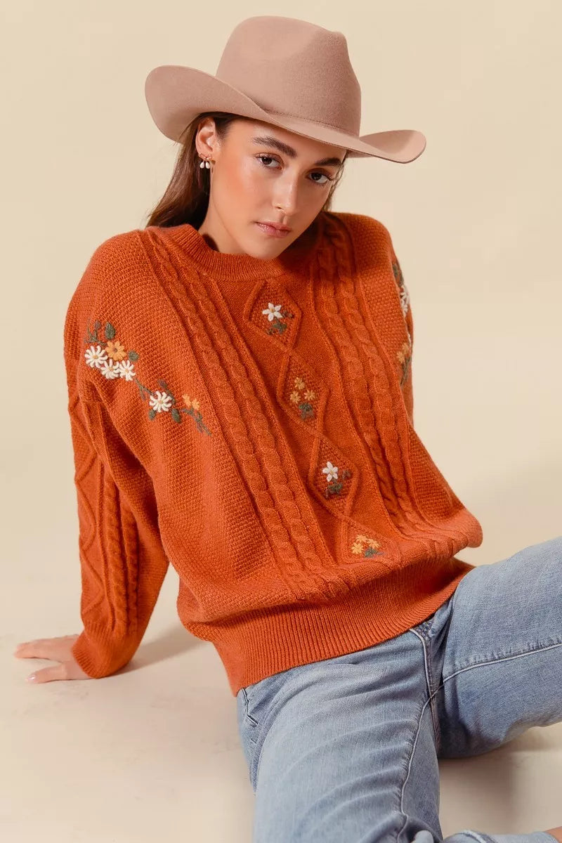 SO ME Womens Sweater Brick Orange Embroidered Flower Cable Knitted edbaee4ffc954f1da36ada9ee84a2bc1-Max-Origin Trendsi