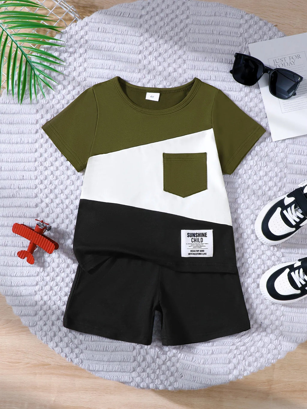 Boy's Baby Set Army Green Color Block Short Sleeve Top and Shorts Set Army Green edbe0564-34cb-480f-b74c-c7405e37f1d5-Max-Origin Trendsi