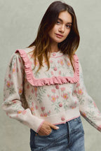 SO ME Womens Sweater Cardigan Beige Pink Flower With Ruffle Detailing edc6e35a8b054adfb19ba8d34a92850f-Max-Origin Trendsi