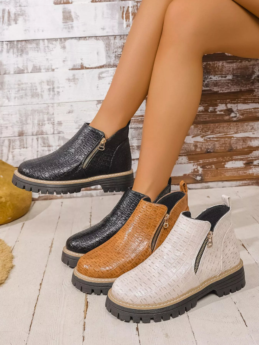 Women's Ankle Boots Pu Leather Textured Side Zip Round Toe Low Heels Shoes edcbe067-9059-46e4-bc36-b561d4e93d9f-Max-Origin Trendsi