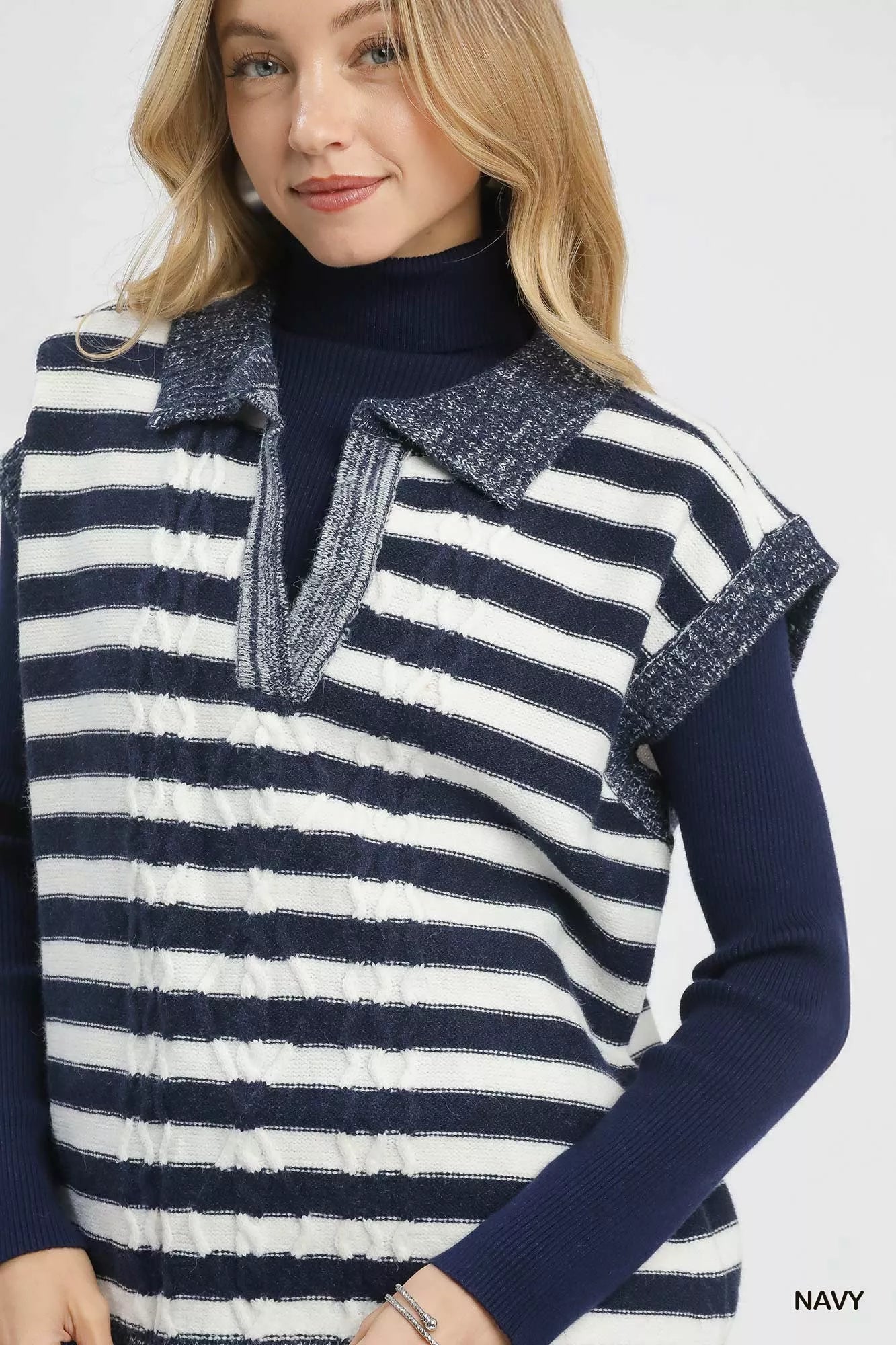 Umgee Womens Striped Vest Sweater Navy Cable Knit Collared edcda3d3-7f3c-4913-b14f-640490c824a2-Max-Origin Trendsi
