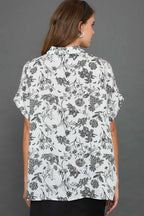Umgee Shirt Black Floral Two Tone Print Collared Oversized Short Sleeve Top edcf958b-f96e-4bee-9bee-6f94bda910bd-Max Trendsi