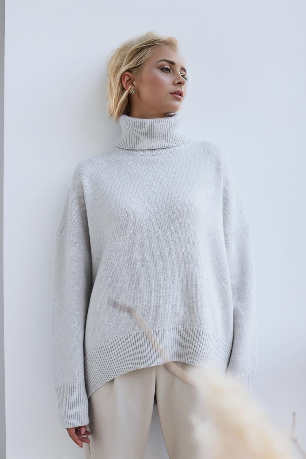 Basic Bae Turtleneck Sweater Viscose Long Sleeve Oversized Knitwear Light Gray One Size