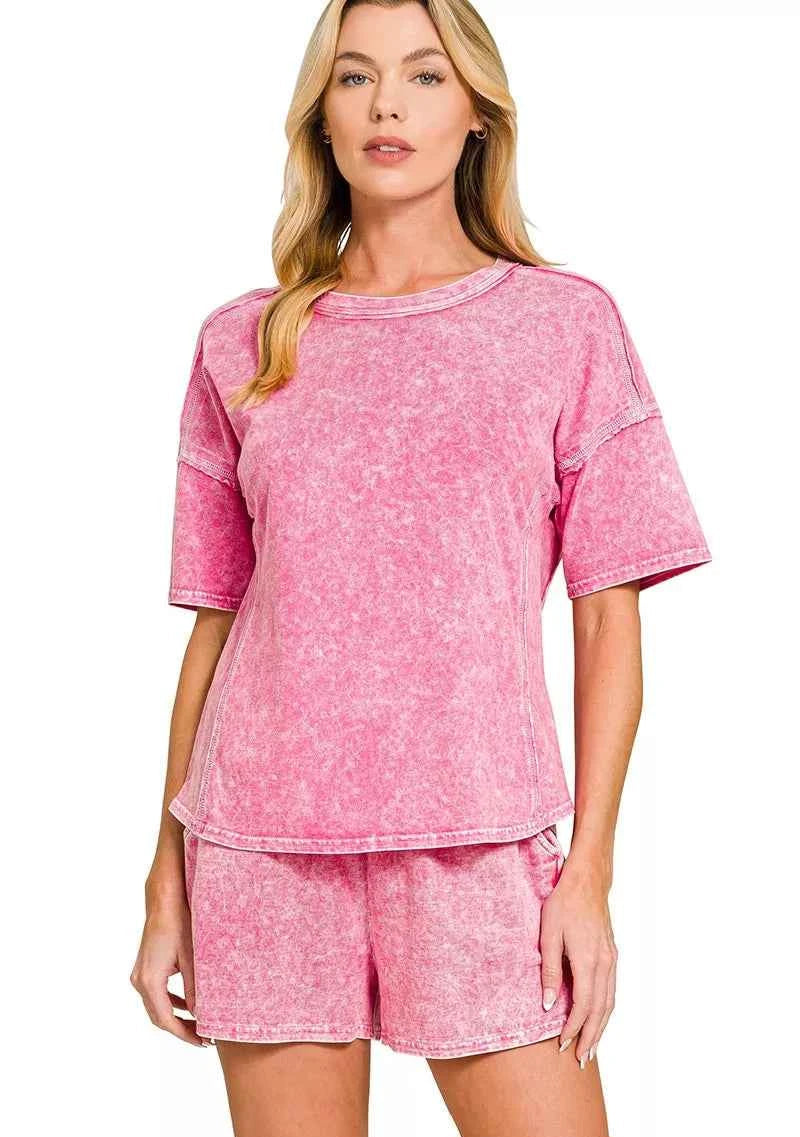 Zenana Outfit Set Hot Pink Halo Snow Washed Short Sleeve Tee and Shorts HOT PINK edda67db2e0040bd92b5ac25eac9dea8-Max-Origin Trendsi