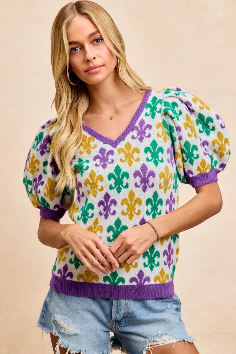 BiBi Women V Neck Knit Top Mardi Gras Fleur De Lis Patterned Short Sleeve eddae26896ce4ae986a02e5026a052b8-Max-Origin Trendsi