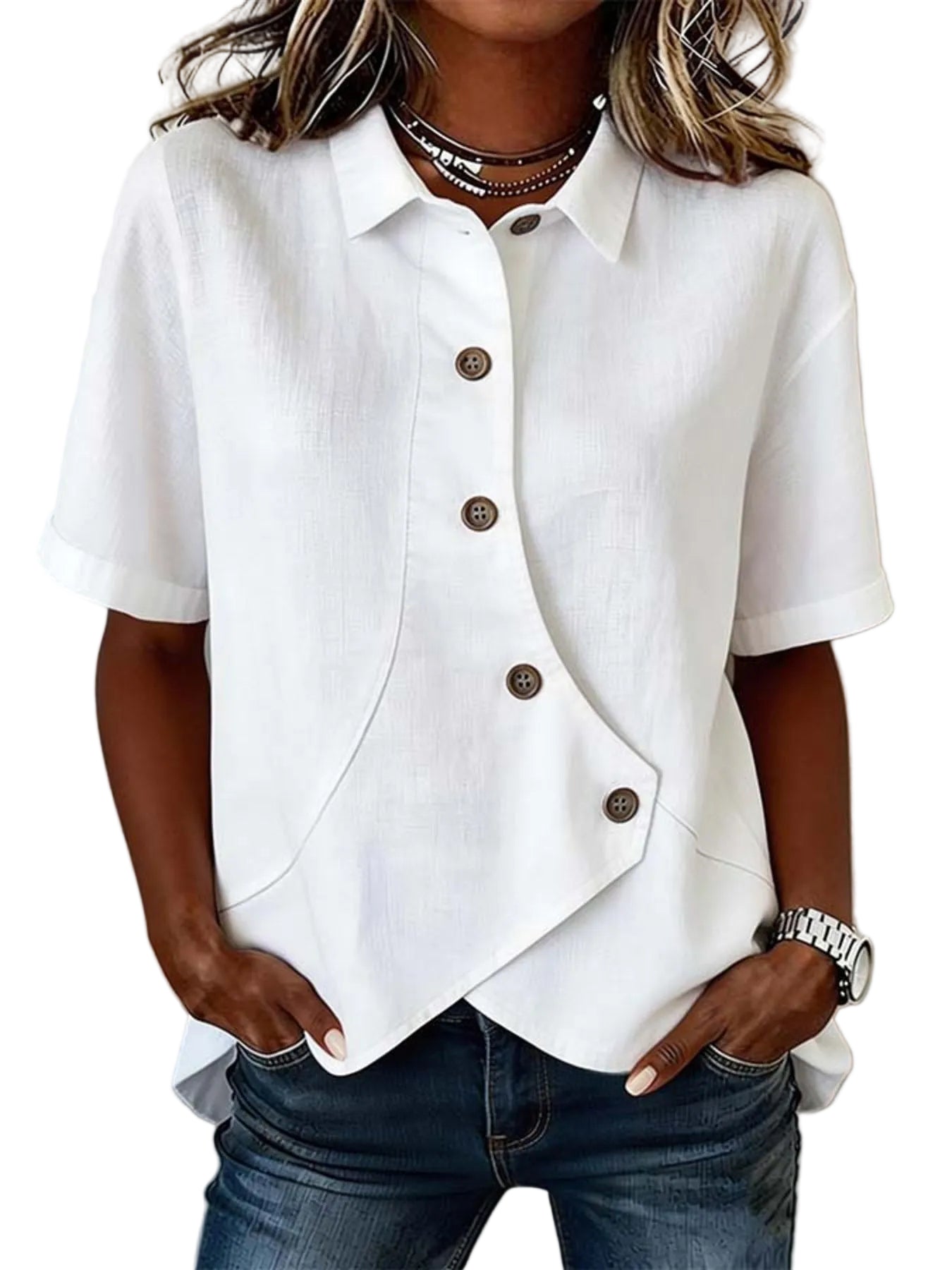 Plus Size Full-Length Casual Asymmetrical Button-Up Shirt