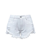 Women's Denim Shorts White Raw Hem High Waist Distressed Jeans edde3269e91044c6bf23aaf4dee5cc45-Max-Origin Trendsi