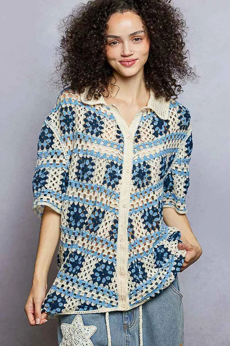 POL Crochet Shirt Blue Multi Openwork Short Sleeve with Border Accents Top eddf0172-2116-4d28-82c1-0f8d475a47cf-Max-Origin Trendsi