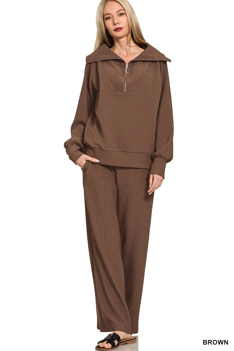 Zenana Outfit Set Brown Ribbed High Neck Half Zip Pullover & Pants Set