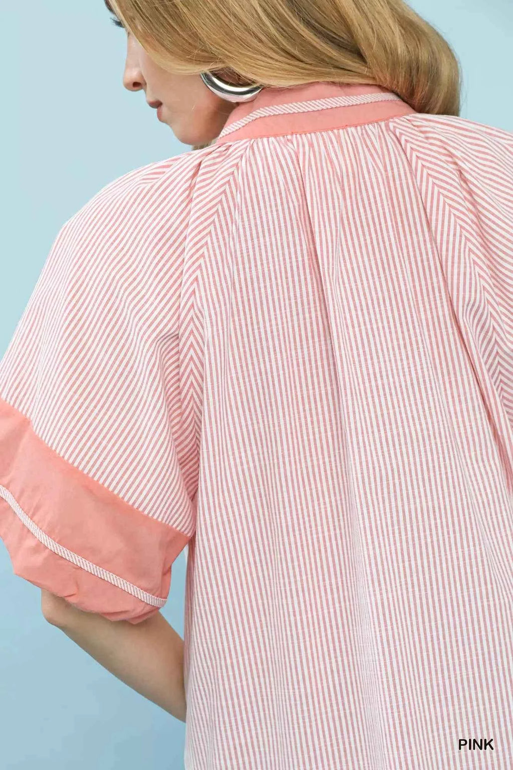 Umgee Blouse Pink Striped Mixed Puff Short Sleeve Top ede7f600-9d2c-4210-8d21-fa88777abfd1-Max-Origin Trendsi