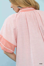 Umgee Blouse Pink Striped Mixed Puff Short Sleeve Top ede7f600-9d2c-4210-8d21-fa88777abfd1-Max-Origin Trendsi