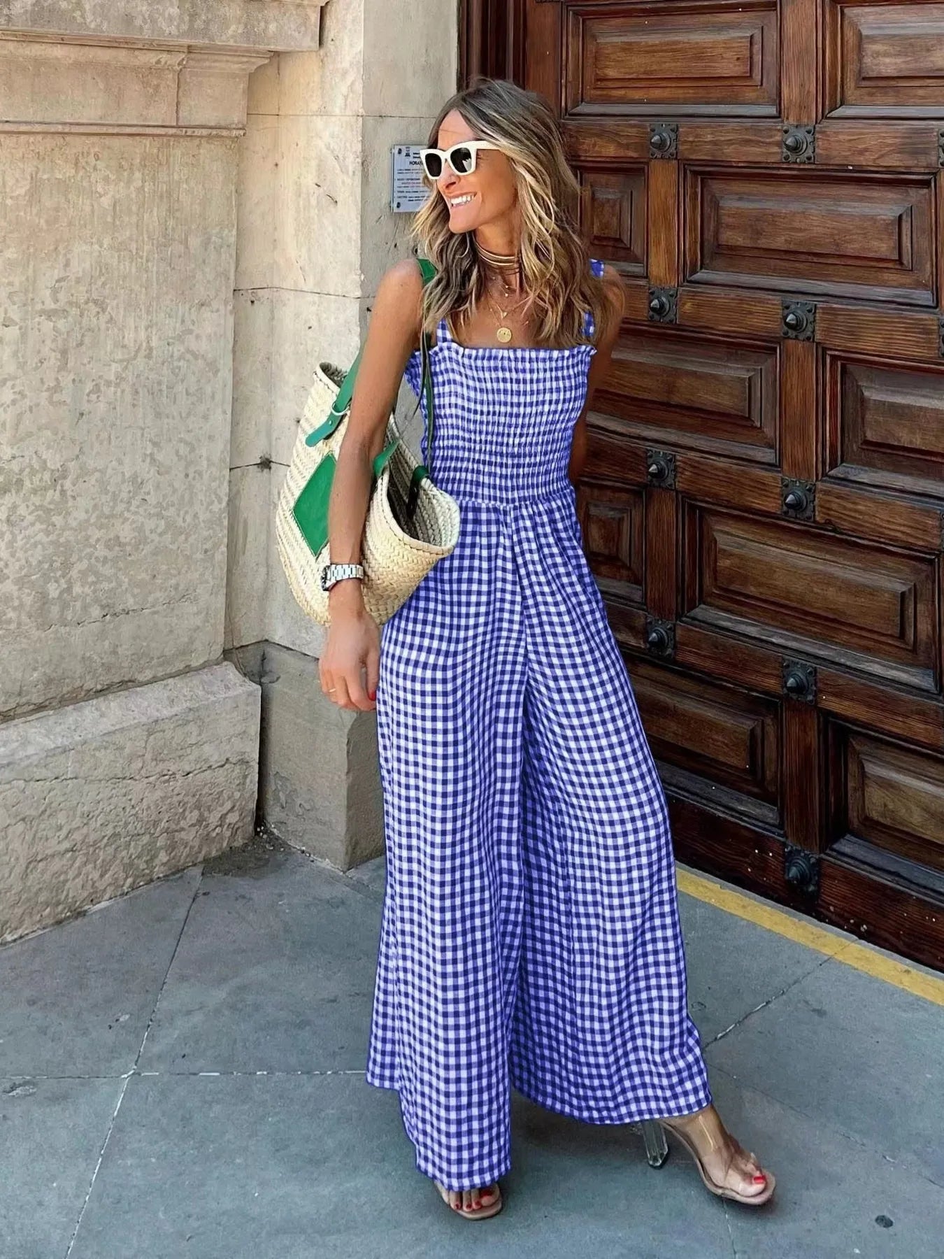 Women's Jumpsuit Gingham Plaid Smocked High Waist Wide-Leg Overall Royal Blue edf7a38e516243cbb34d3509d8fd76e0-Max-Origin Trendsi