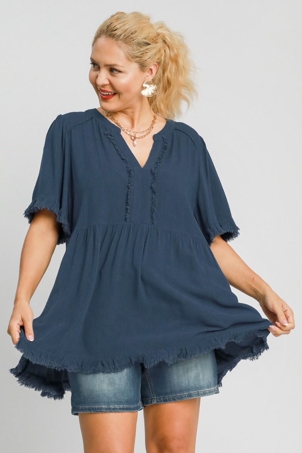 Umgee Linen Blouse Babydoll French Blue Raw Hem Notched Top ee07b099-dd66-42f5-a36a-e420196e9dc5-Max Trendsi
