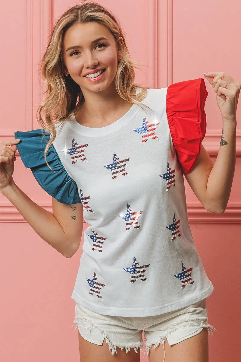 BiBi American Flag T-shirt Women's Sequin Stars Cotton Top ee0fc7b7b3634ed2ad5b7c5331f129ac-Max-Origin Trendsi