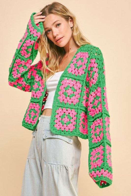 Davi & Dani USA Cardigan Floral Two-Tone Pink Green Flower Square Crochet Knit