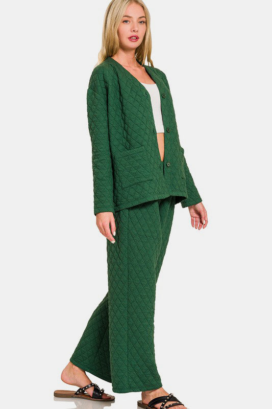 Zenana Quilted Lounge Set Dark Green Long Sleeve Top Shirt and Pants Set